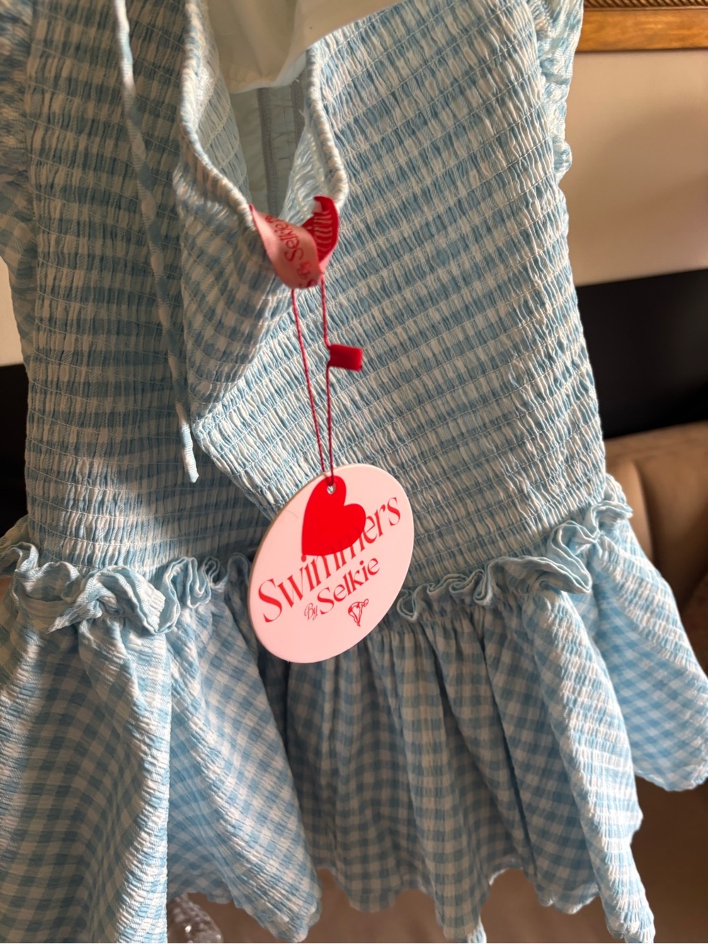 Selkie Light Blue Gingham Ruffled Halter Swim Dress - Picture 3 of 8